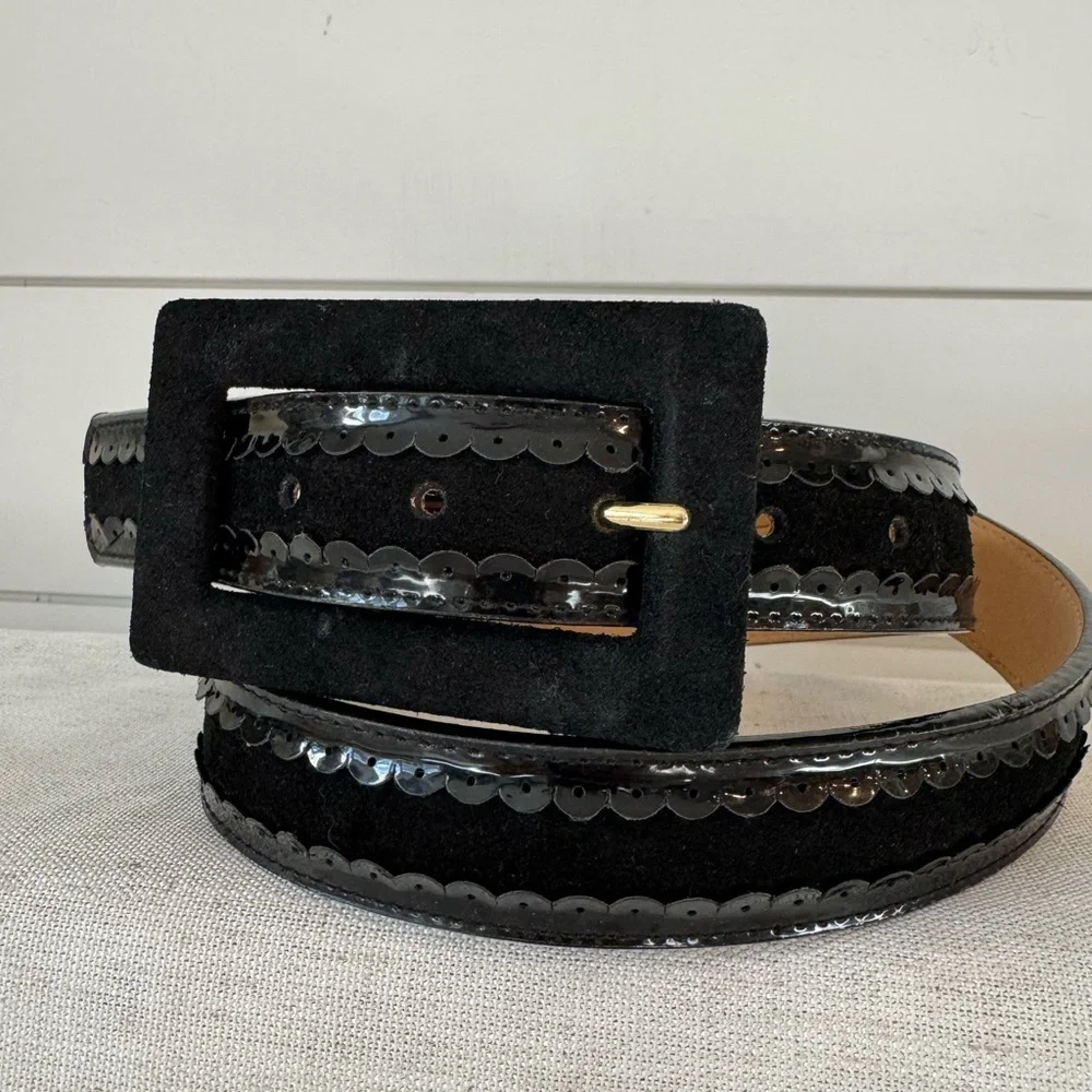 Kensie Black Suede Belt with Scalloped Edges